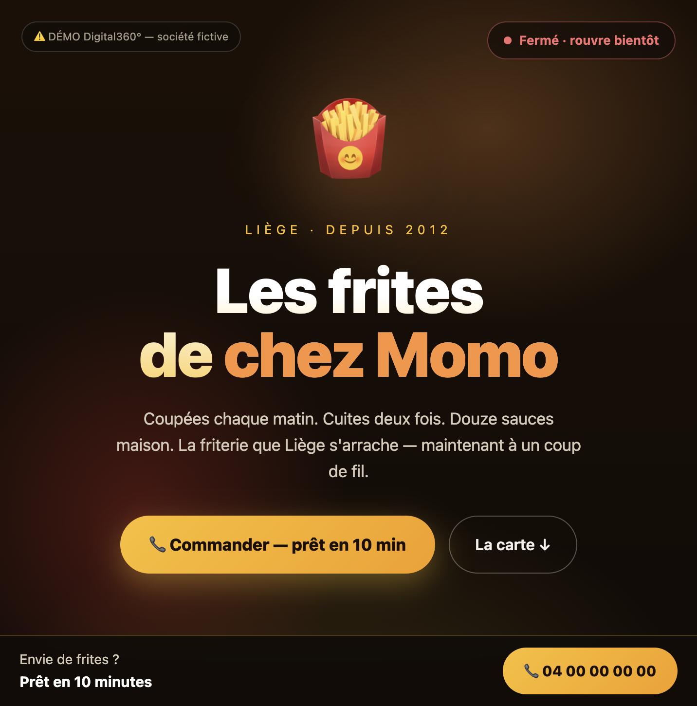 Site web de démonstration livré par Digital360° pour une friterie : design premium mobile-first
